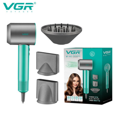 Фен професійний VGR V-440 GREEN, 3 рівні обдування, 3 рівні температури, 11000 RPM 3 насадки
