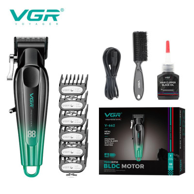 Акумуляторна машинка для стриження (clipper) VGR V-662 GREEN, 7000 RPM, 6 насадок, LED display