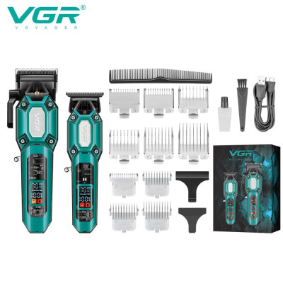 Комплект VGR 2 в 1 V-600&900 GREEN, акумуляторна машинка для стриження (clipper) і тример, 10 насадок, LED