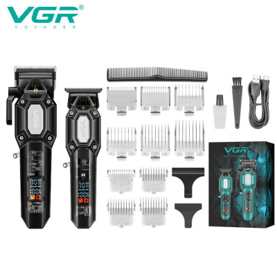Комплект VGR 2 в 1 V-600&900 BLACK, акумуляторна машинка для стриження (clipper) і тример, 10 насадок, LED