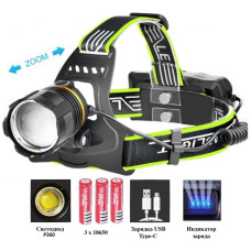 Ліхтар налобний BL-A13-3-P360, 3x18650, zoom, ЗП Type-C, Box