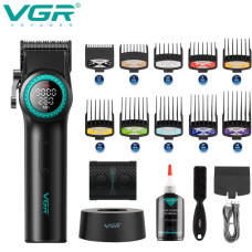 Акумуляторна машинка для стриження (clipper) VGR V-001 BLACK, 10 насадок, 9000 RPM, 4600 mAh, LED light, LED