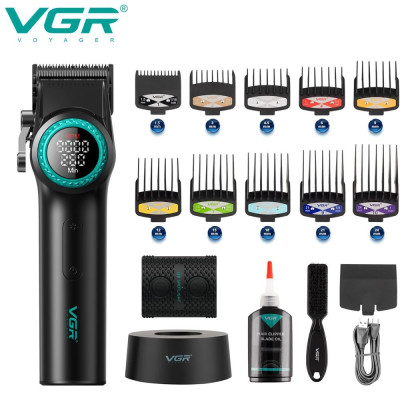 Акумуляторна машинка для стриження (clipper) VGR V-001 BLACK, 10 насадок, 9000 RPM, 4600 mAh, LED light, LED