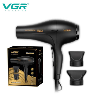 Фен професійний VGR V-406 BLACK, 3 рівні обдування, 3 рівні температури, 2 насадки, 3000 Вт